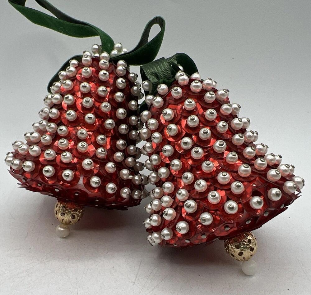 2 Vtg Beaded Sequin Push Pin Christmas Ornament Red Bell 70s MCM Mod Bell 3”